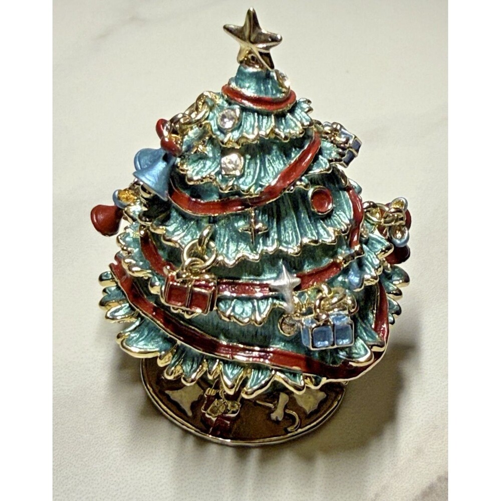 Bejeweled Christmas Tree Trinket Box Colorful Gems and Enamel Holiday Decor!